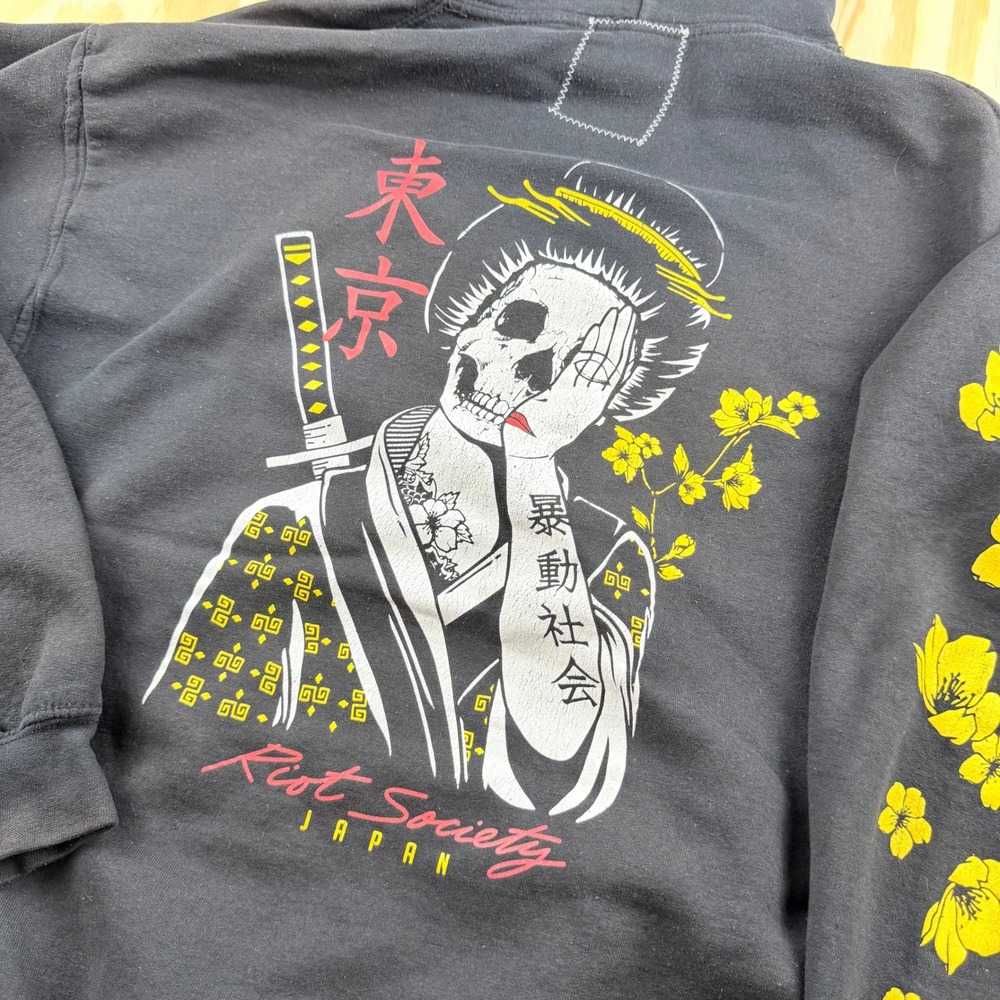 Riot Society Japan Geisha Skull Hoodie Mens Medium Black Tokyo Graphic Pullover